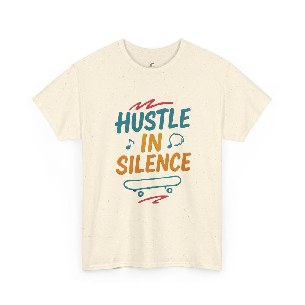 Hustle in Silence Tee - Unisex Heavy Cotton T-Shirt, Skateboarder Gift, Cool Casual Wear, Fitness Shirt, Motivational Apparel