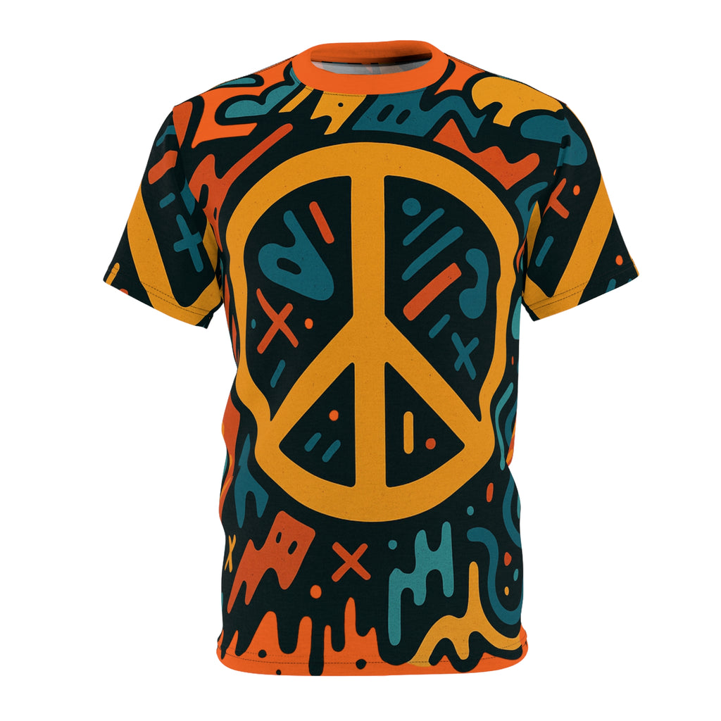 Retro Peace Sign Graphic Tee — Bold Psychedelic All-Over Print