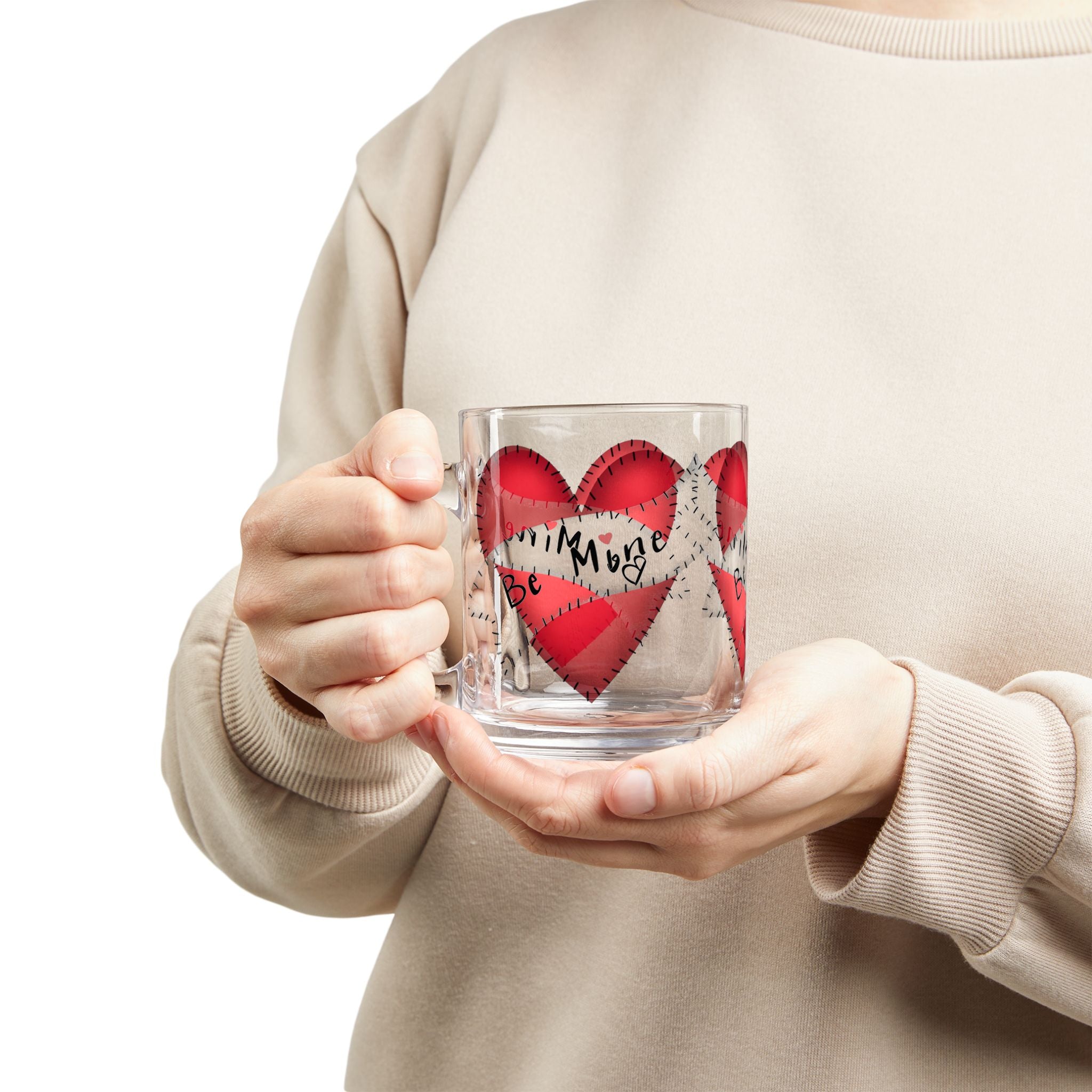 Glass Mug — 'Be Mine' Red Patchwork Hearts Valentine Coffee Mug (10oz)