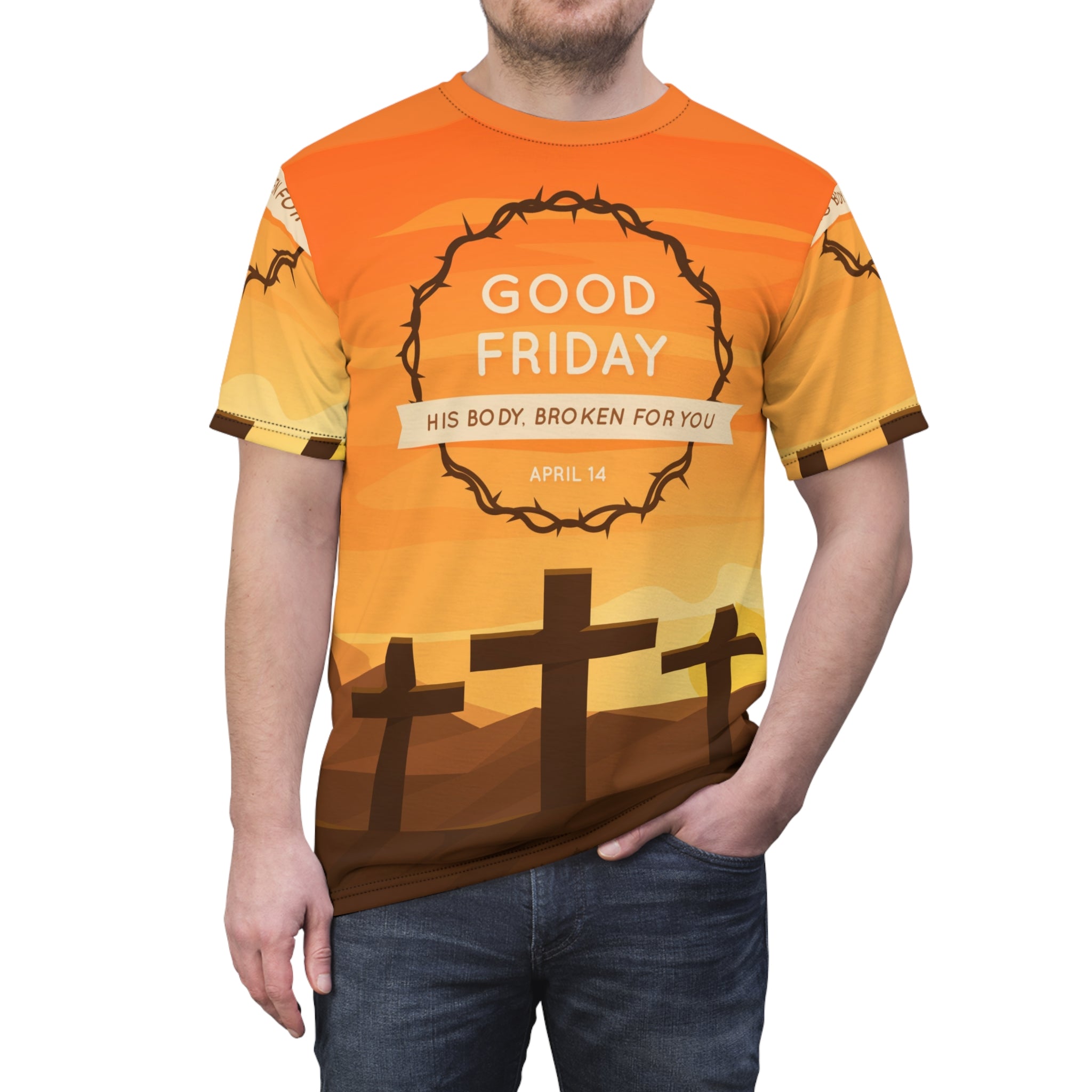 Good Friday Tee — 'His Body, Broken For You' All-Over Print Christian T-Shirt