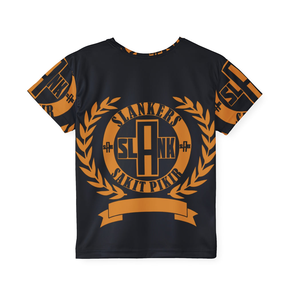 Kids Sports Jersey — Black & Orange Athletic Tee with Laurel Emblem (SLAANK Sakit Pikir)