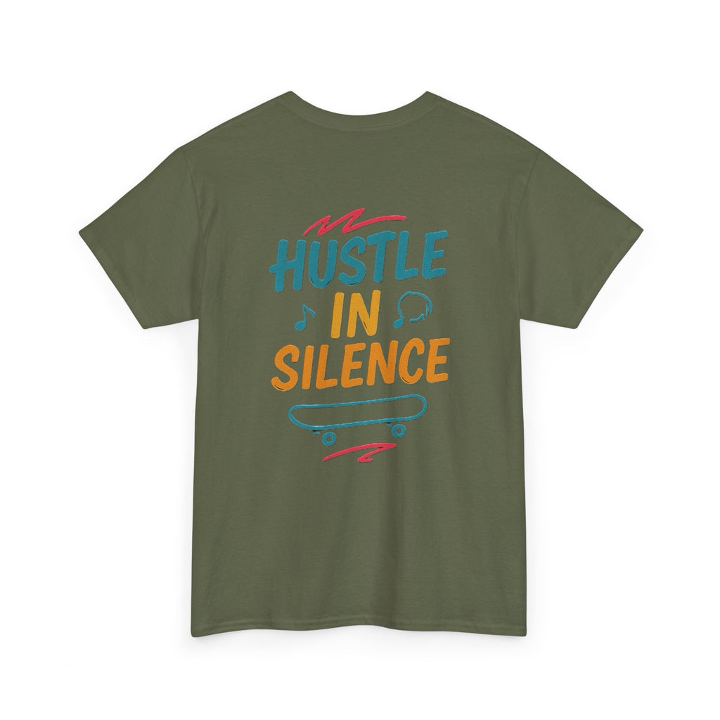 Hustle in Silence Tee - Unisex Heavy Cotton T-Shirt, Skateboarder Gift, Cool Casual Wear, Fitness Shirt, Motivational Apparel