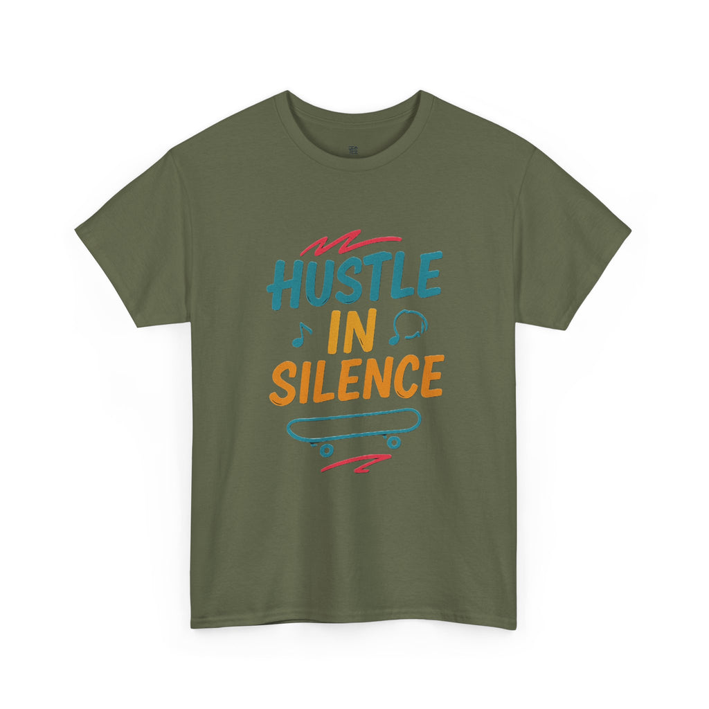 Hustle in Silence Tee - Unisex Heavy Cotton T-Shirt, Skateboarder Gift, Cool Casual Wear, Fitness Shirt, Motivational Apparel