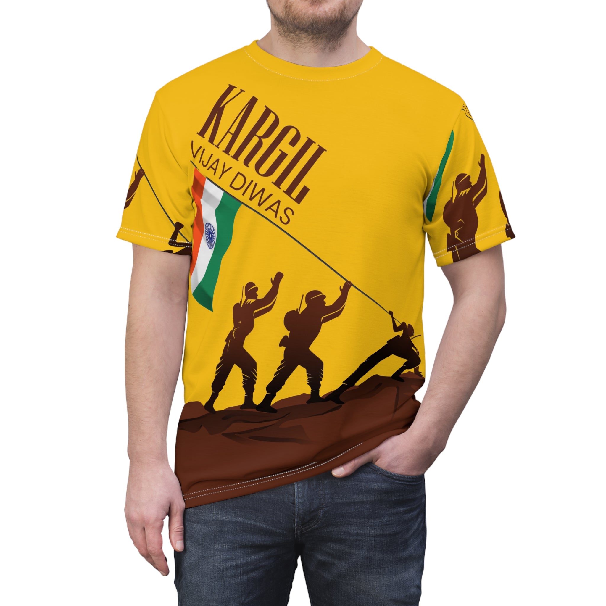 Kargil Vijay Diwas Tribute Tee — Indian Flag Soldiers All-Over Print