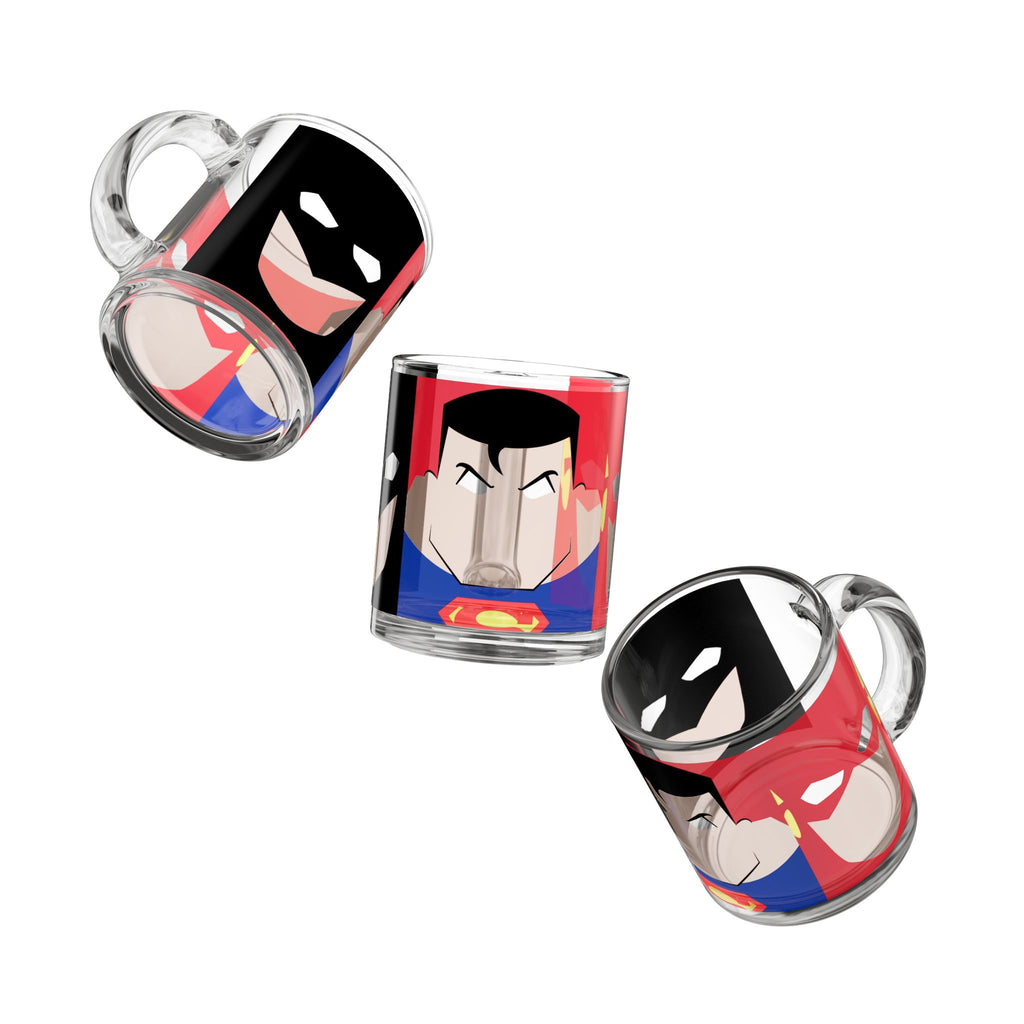 Superhero Glass Mug — Stylized Batman & Superman 10oz Coffee Cup