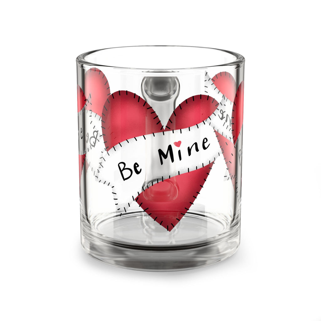 Glass Mug — 'Be Mine' Red Patchwork Hearts Valentine Coffee Mug (10oz)