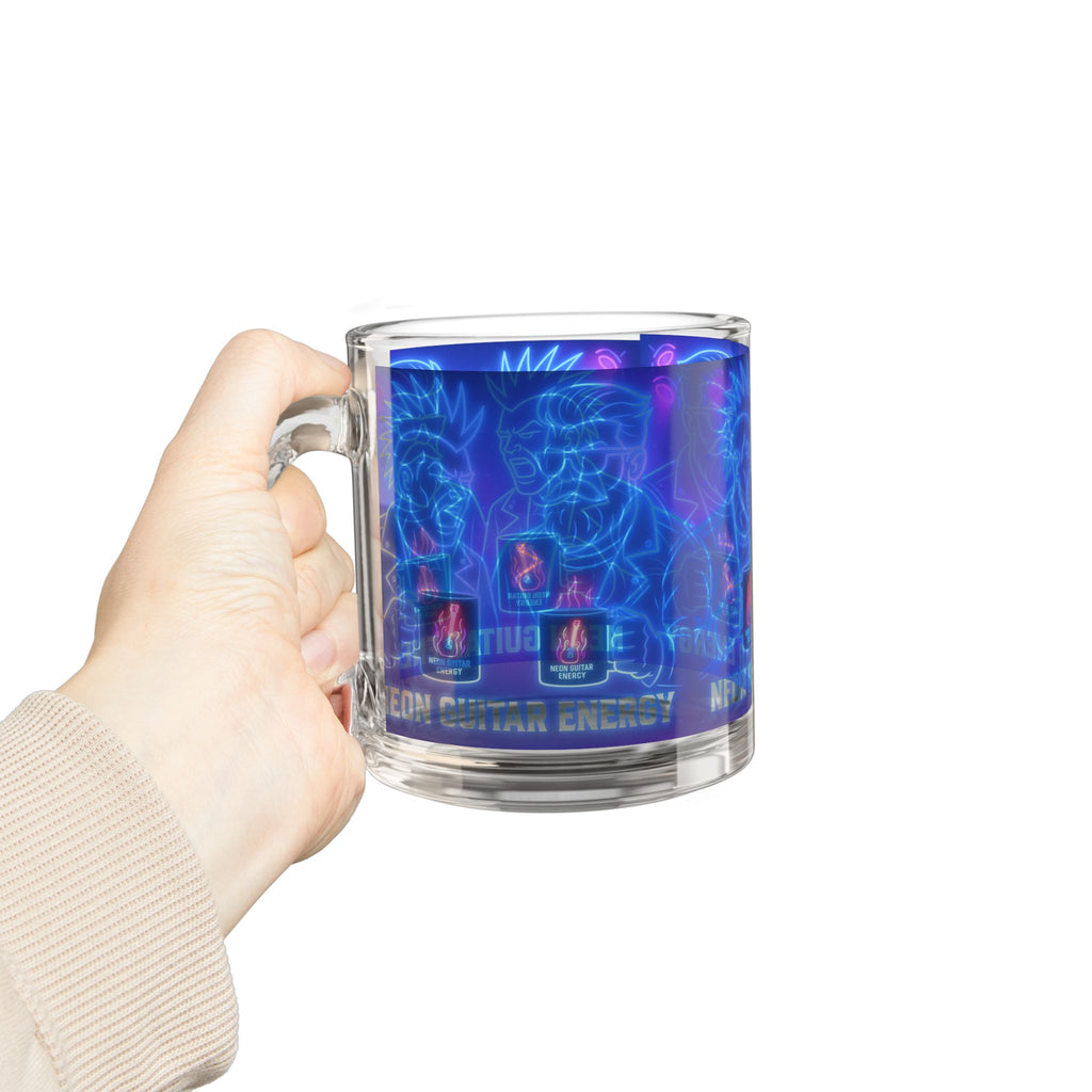 Glass Mug — Neon Guitar Energy Rocker Coffee Cup, 10oz