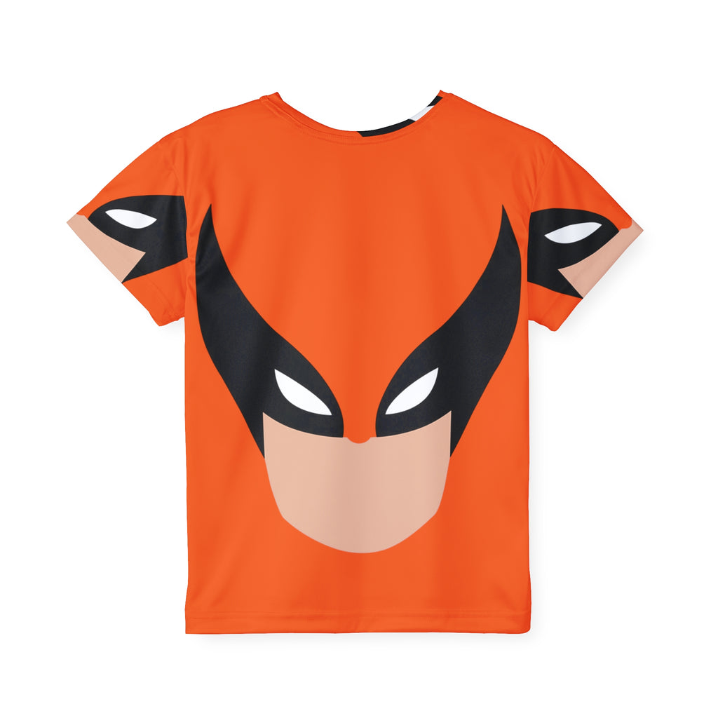 Kids Superhero Face Print Sports Jersey — Orange All-Over-Print Athletic Tee