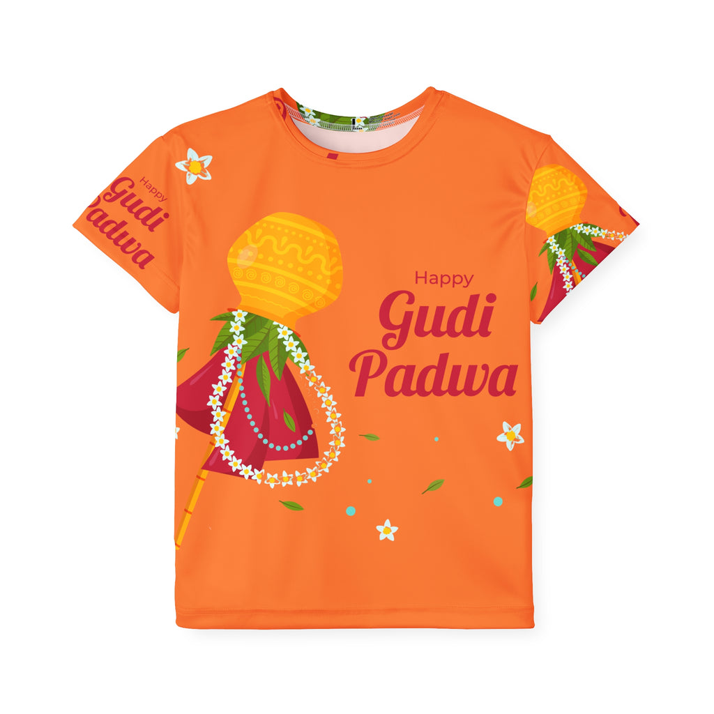 Gudi Padwa Kids Jersey — Bright Orange Festival Tee with 'Happy Gudi Padwa' Design