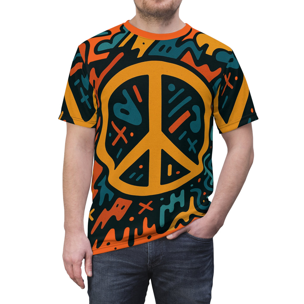 Retro Peace Sign Graphic Tee — Bold Psychedelic All-Over Print
