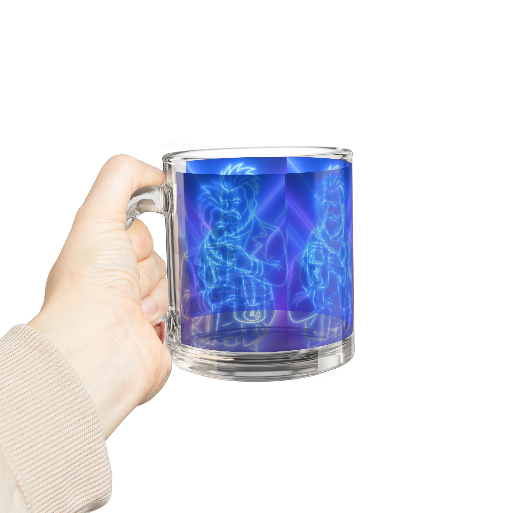 Neon Guitar Demon 10oz Glass Mug — Blue Retro Rock Coffee Cup