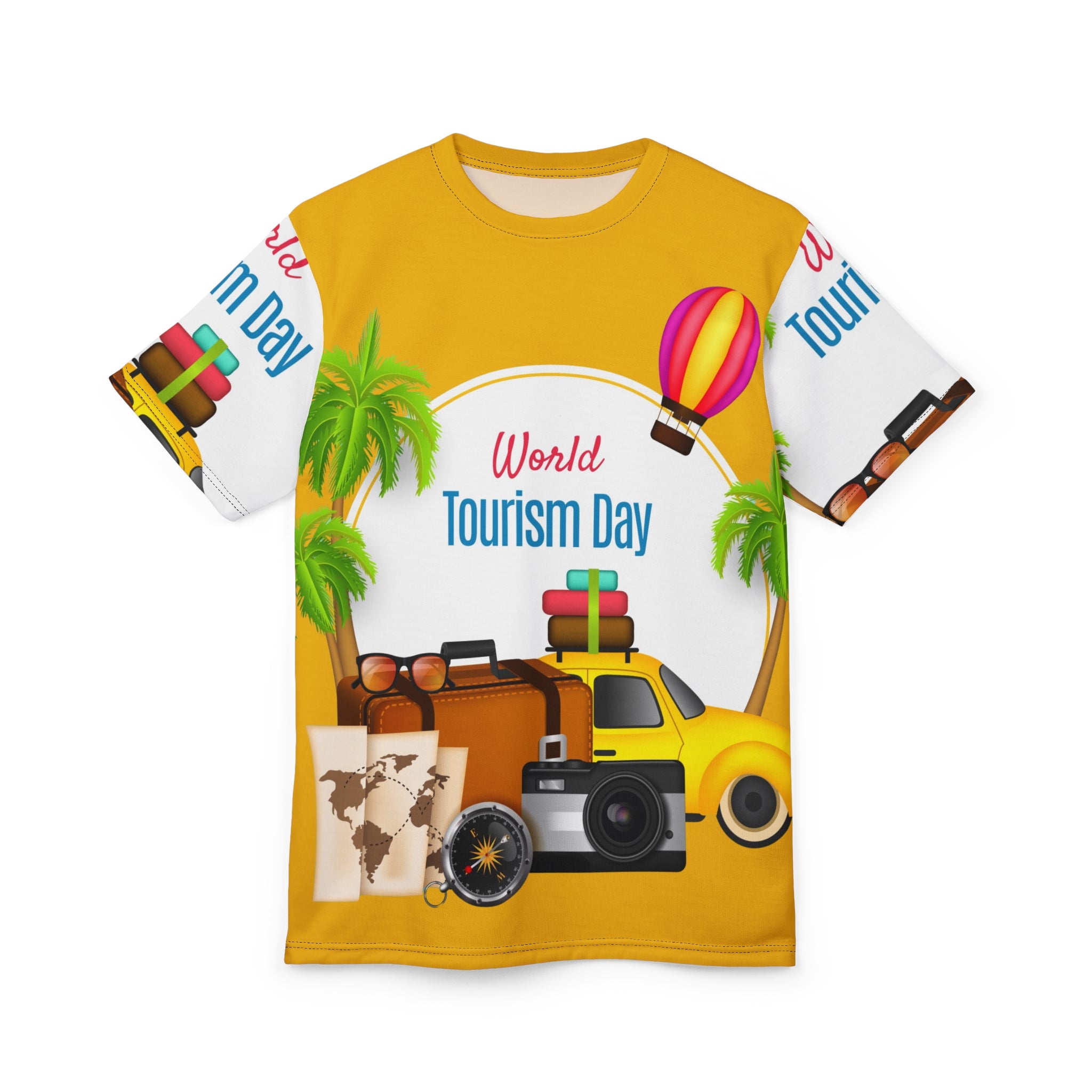 World Tourism Day Travel Tee — Camera, Luggage & Hot Air Balloon Design