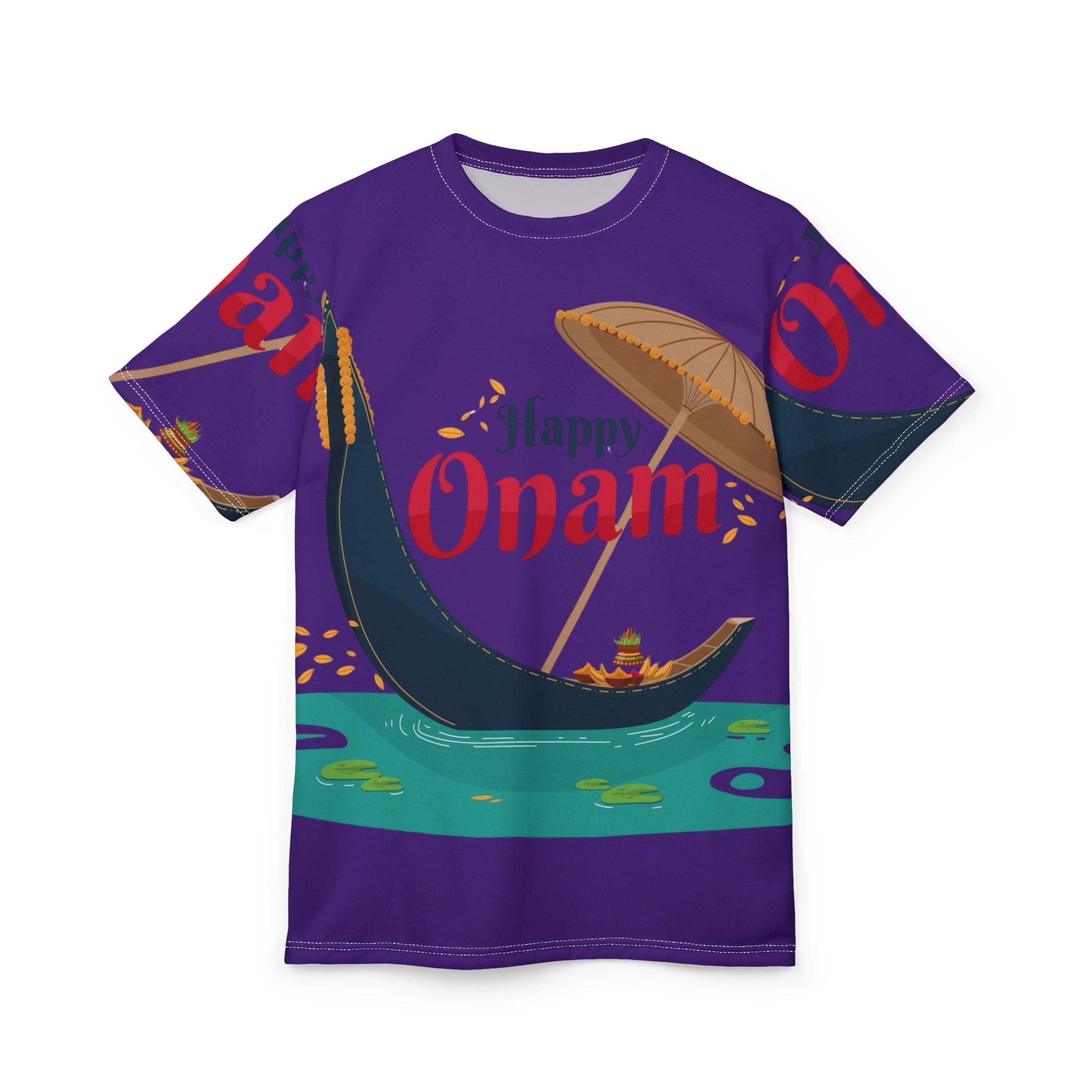 Happy Onam Tee — Decorative Boat & Parasol Kerala Festival T-Shirt