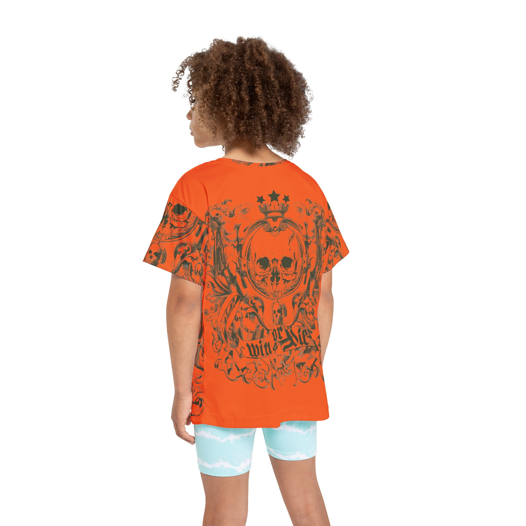 Kids Jersey — Orange “Win or Die” Skull Sports Tee
