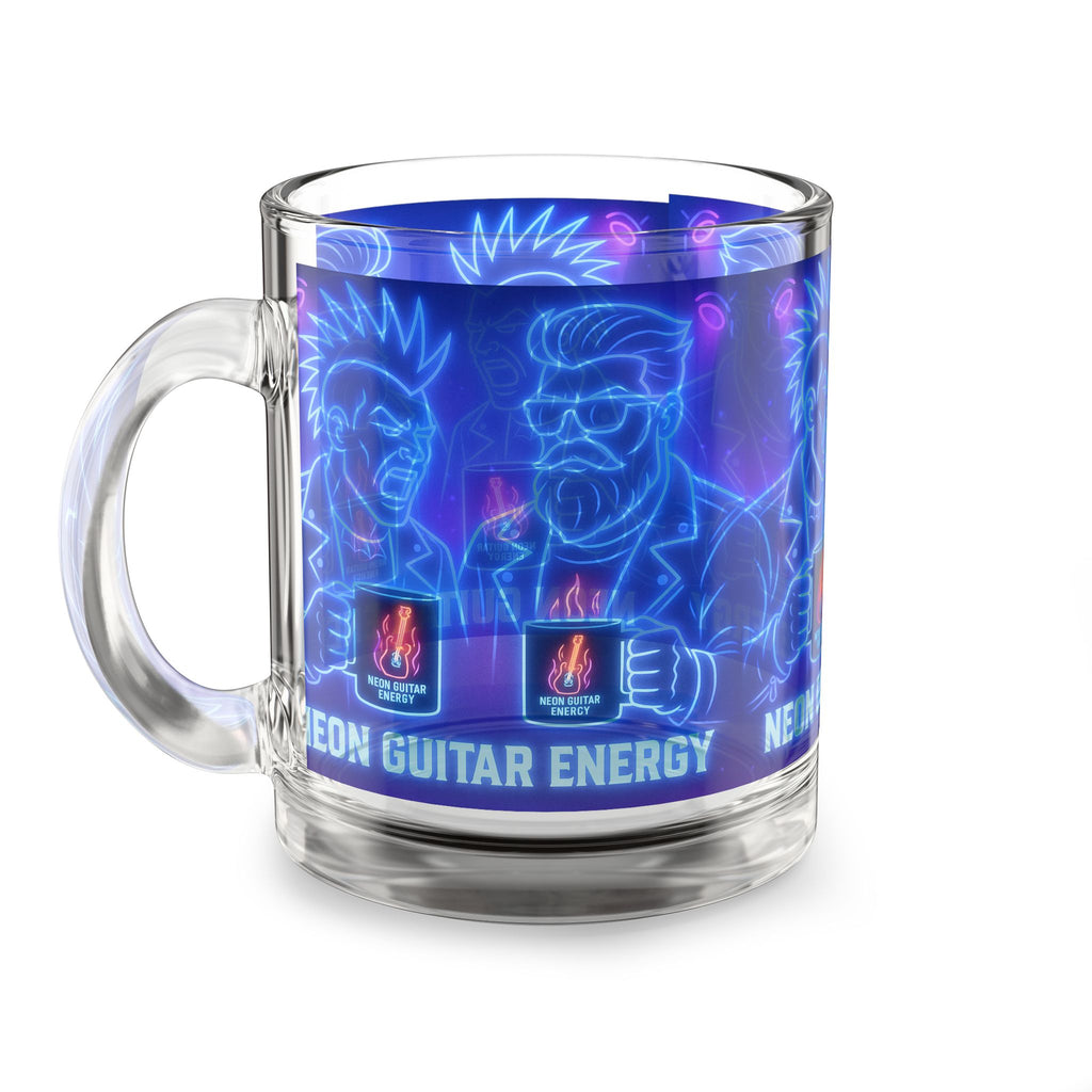 Glass Mug — Neon Guitar Energy Rocker Coffee Cup, 10oz