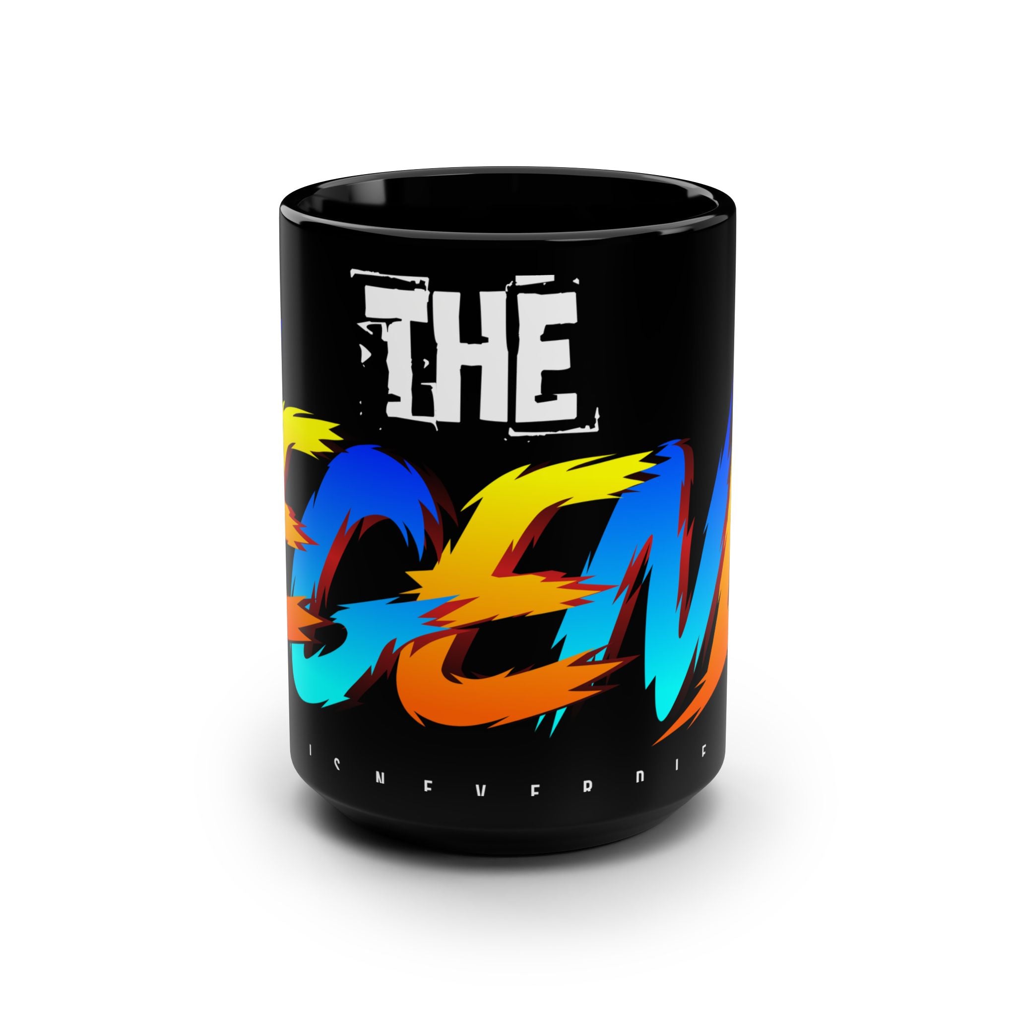 The Legend Bold Script 15oz Black Mug — Colorful Retro Brush Lettering