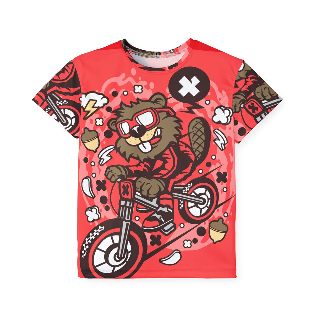 Kids Dirt Bike Jersey — Red Cartoon Beaver Motocross All-Over Print