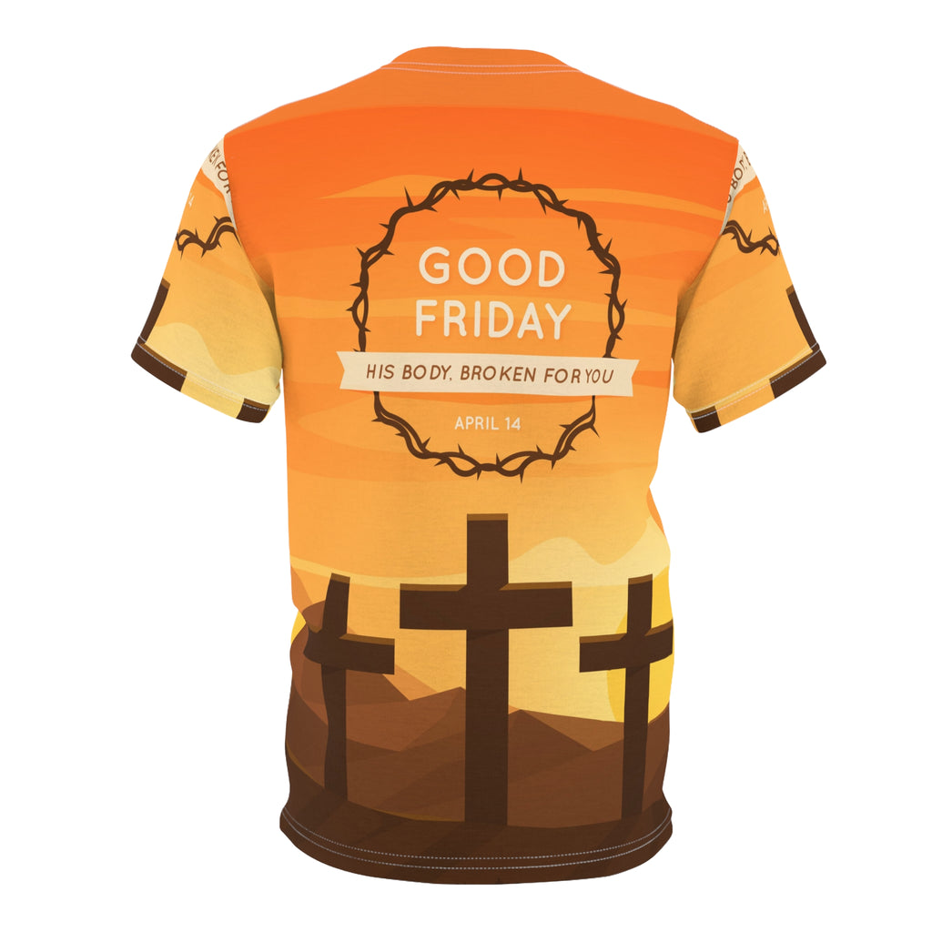 Good Friday Tee — 'His Body, Broken For You' All-Over Print Christian T-Shirt