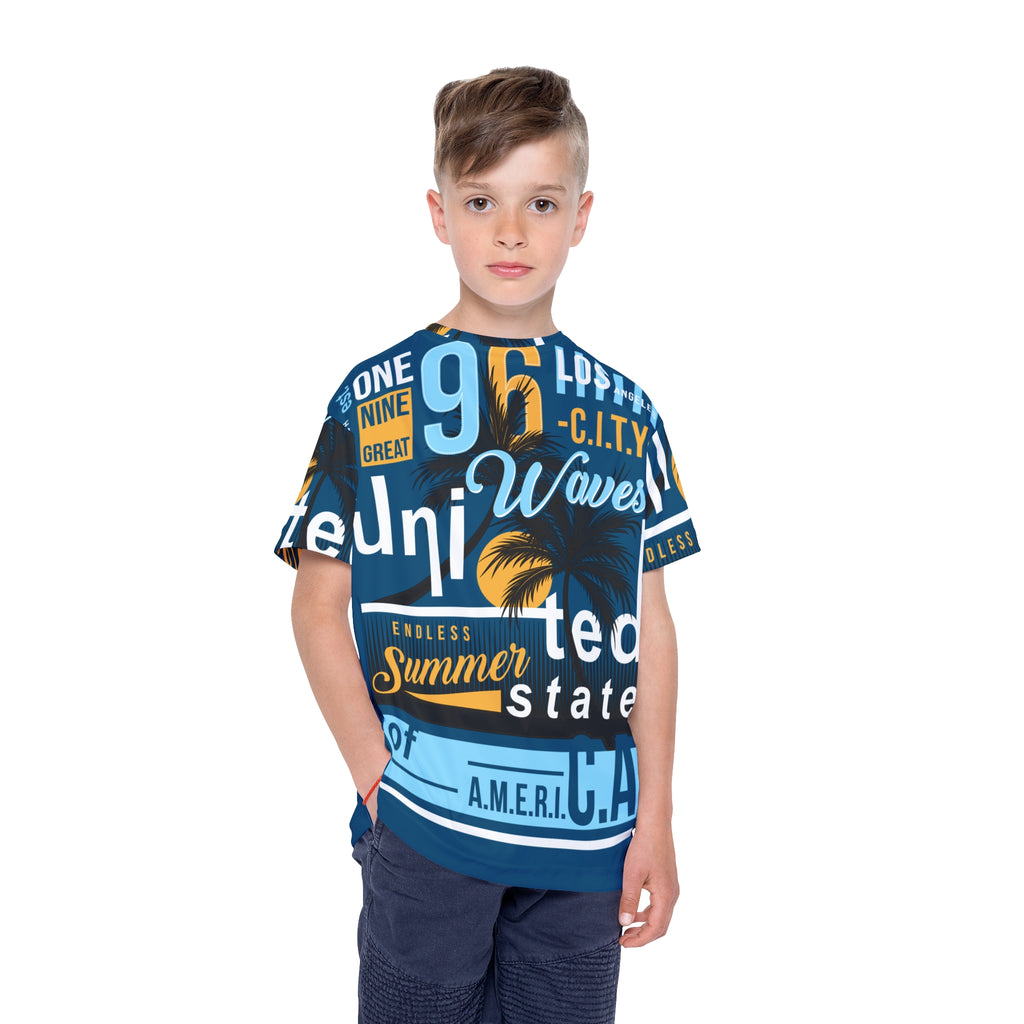 Kids Graphic Jersey Tee — 'Endless Summer' Blue Surf & Palm Print