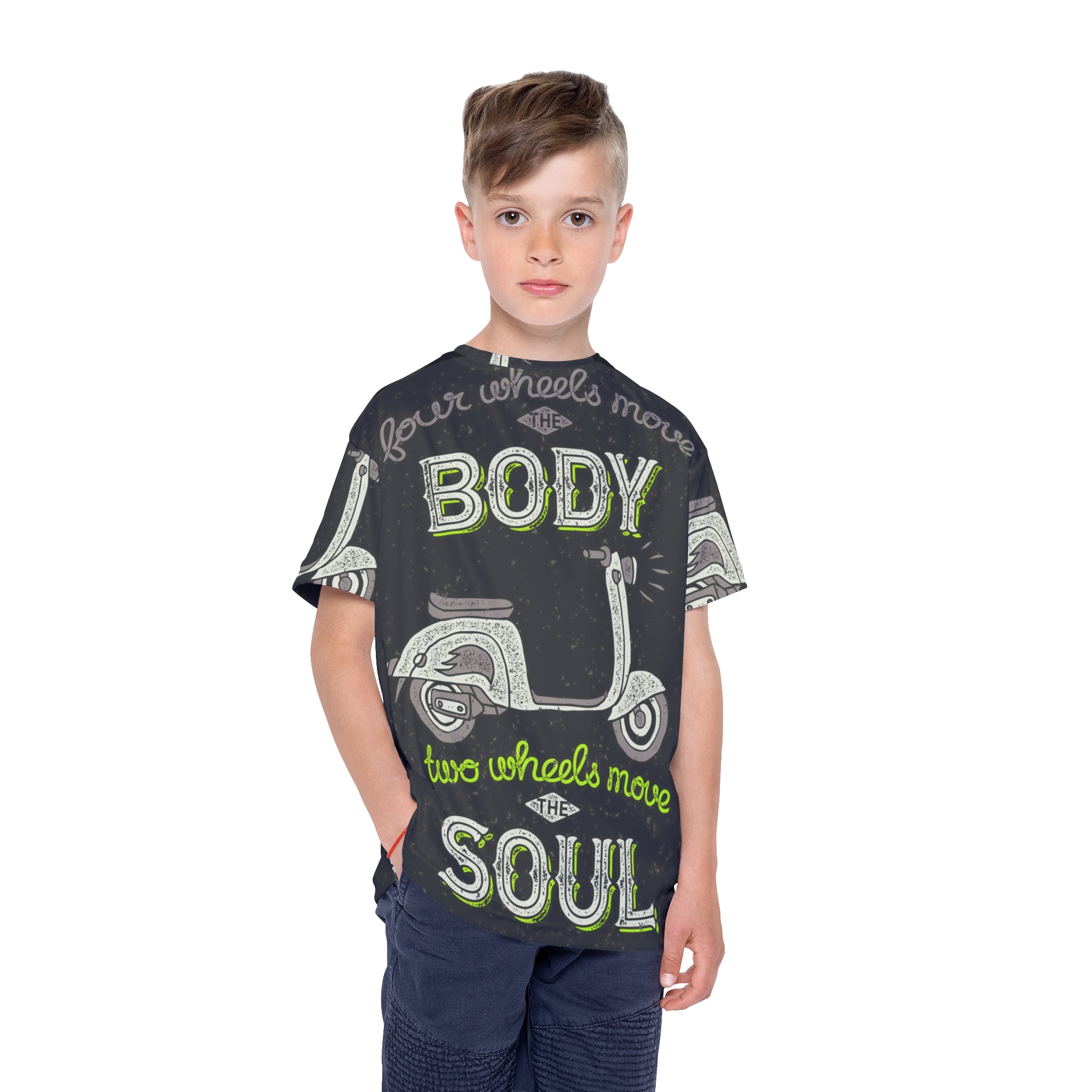 Kids Jersey - 'Four Wheels Move the Body, Two Wheels Move the Soul' Scooter Graphic Tee