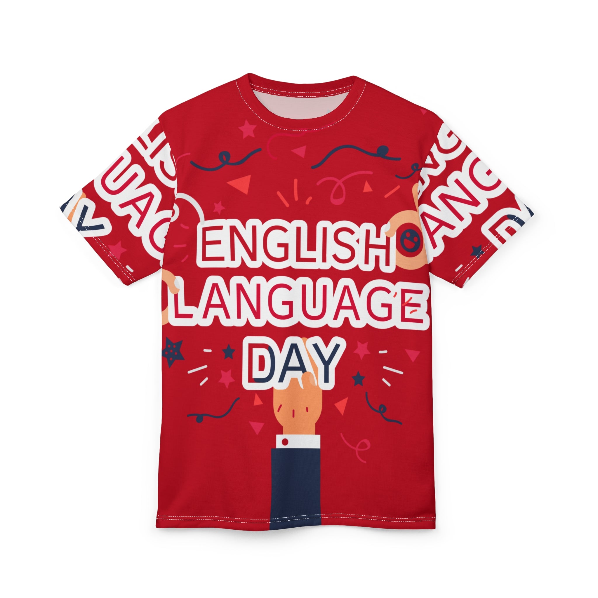 English Language Day Tee — Celebratory Red All-Over Print Shirt
