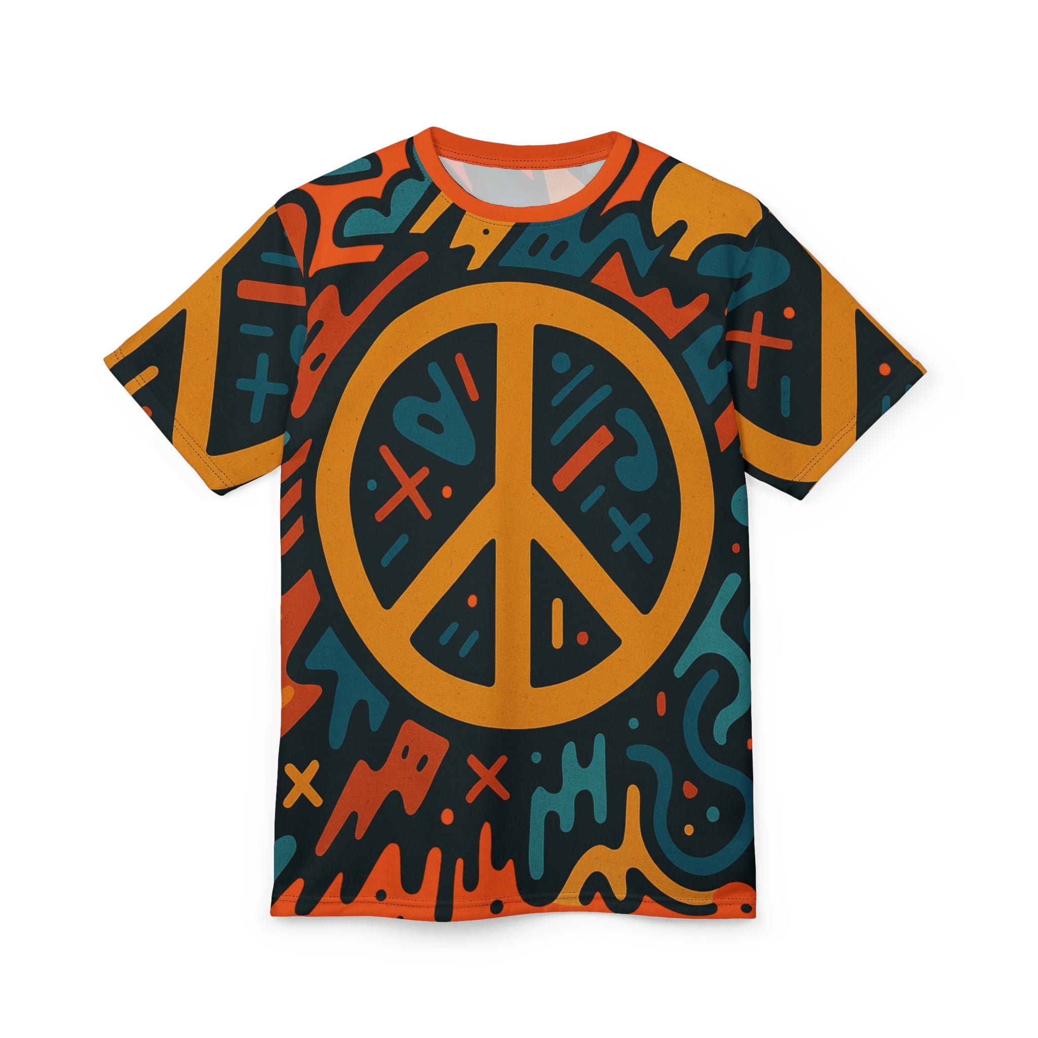 Retro Peace Sign Graphic Tee — Bold Psychedelic All-Over Print