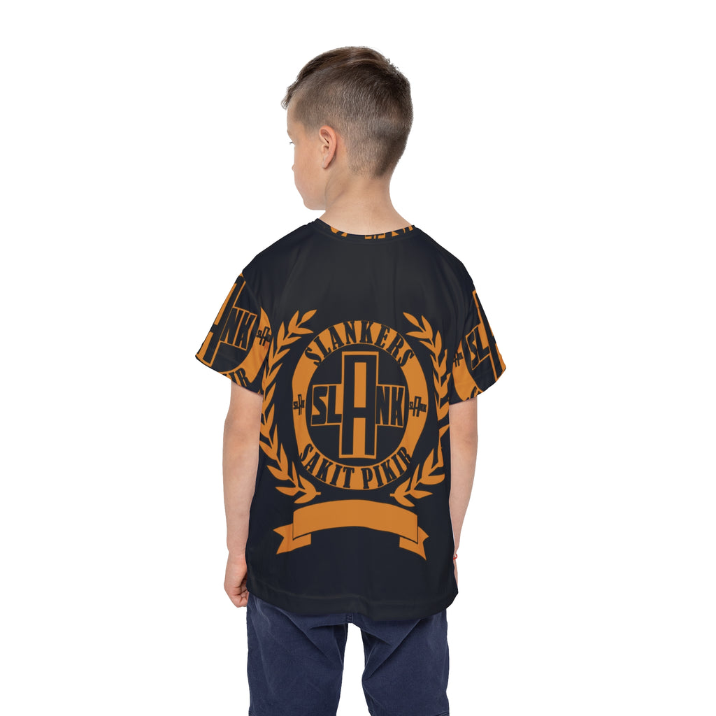 Kids Sports Jersey — Black & Orange Athletic Tee with Laurel Emblem (SLAANK Sakit Pikir)