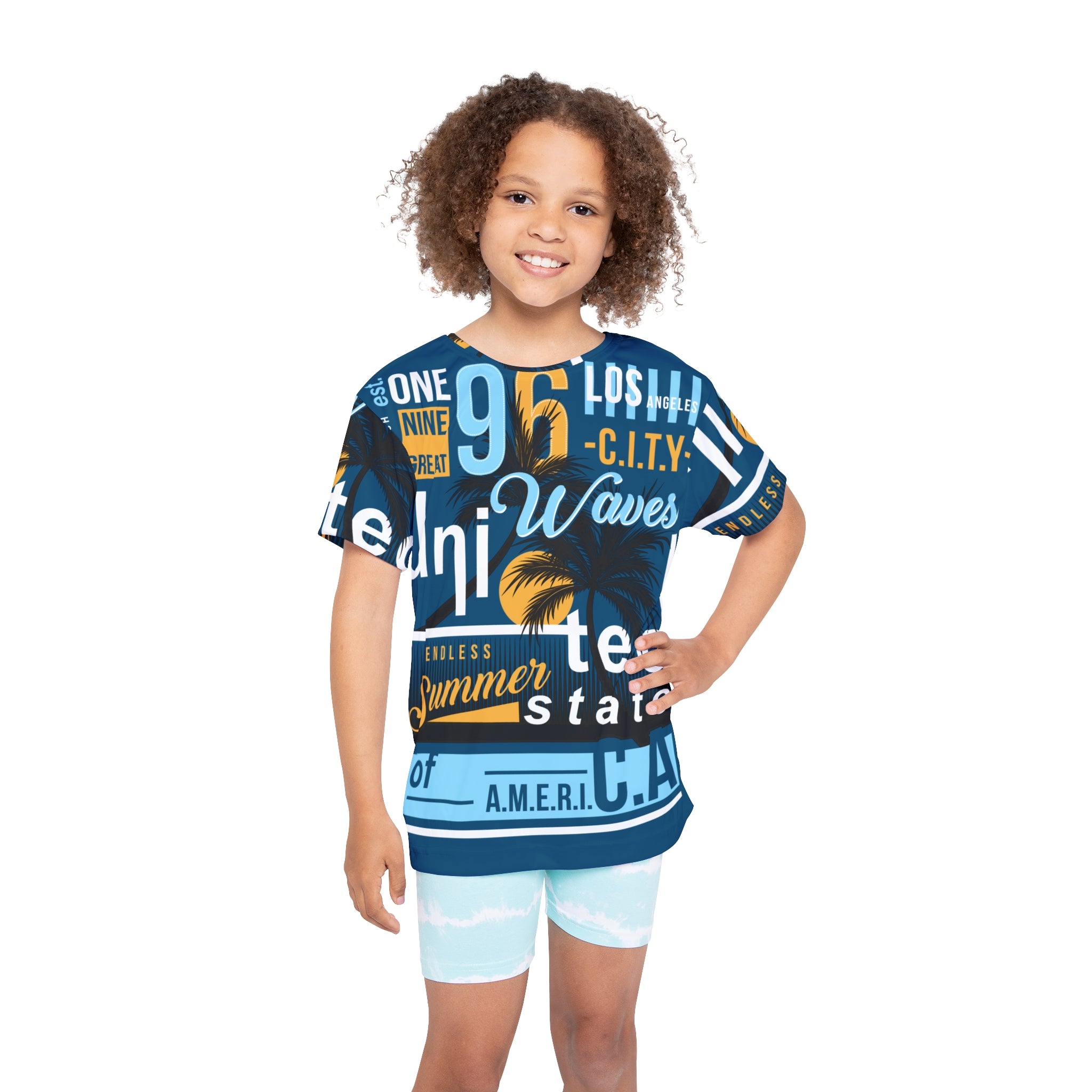 Kids Graphic Jersey Tee — 'Endless Summer' Blue Surf & Palm Print