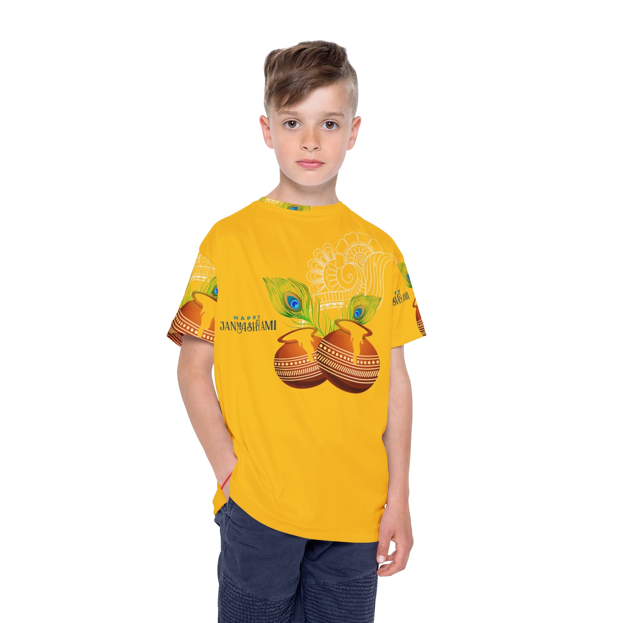 Kids Sports Jersey — Happy Janmashtami All-Over Print Yellow Tee with Dholak & Peacock Feather Design