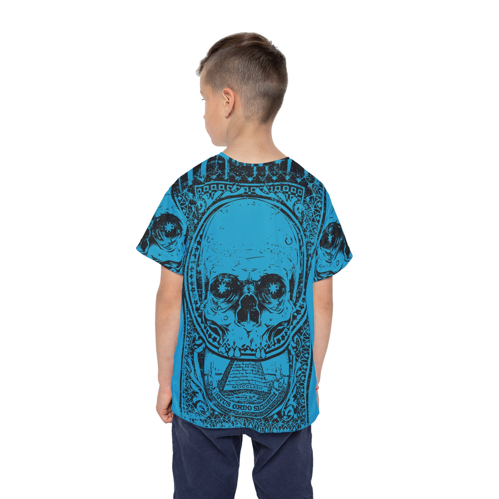 Kids Skull Graphic Jersey — Blue All-Over Print Sports Tee