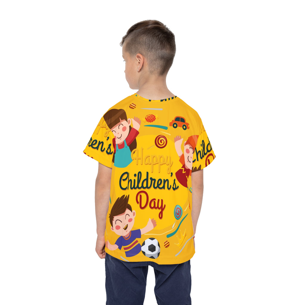 Children's Day Kids Jersey — Bright Yellow All-Over Print Sports Tee with Playful Kids Design