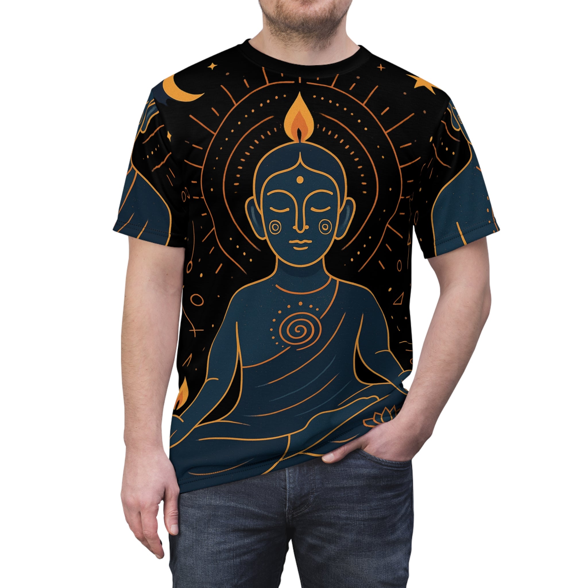 Meditation Buddha T‑Shirt — Cosmic Zen All‑Over Print Tee