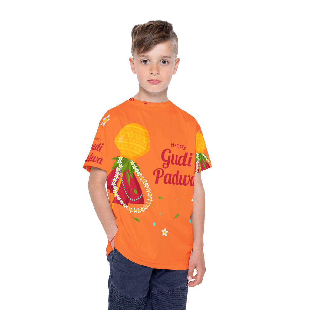 Gudi Padwa Kids Jersey — Bright Orange Festival Tee with 'Happy Gudi Padwa' Design