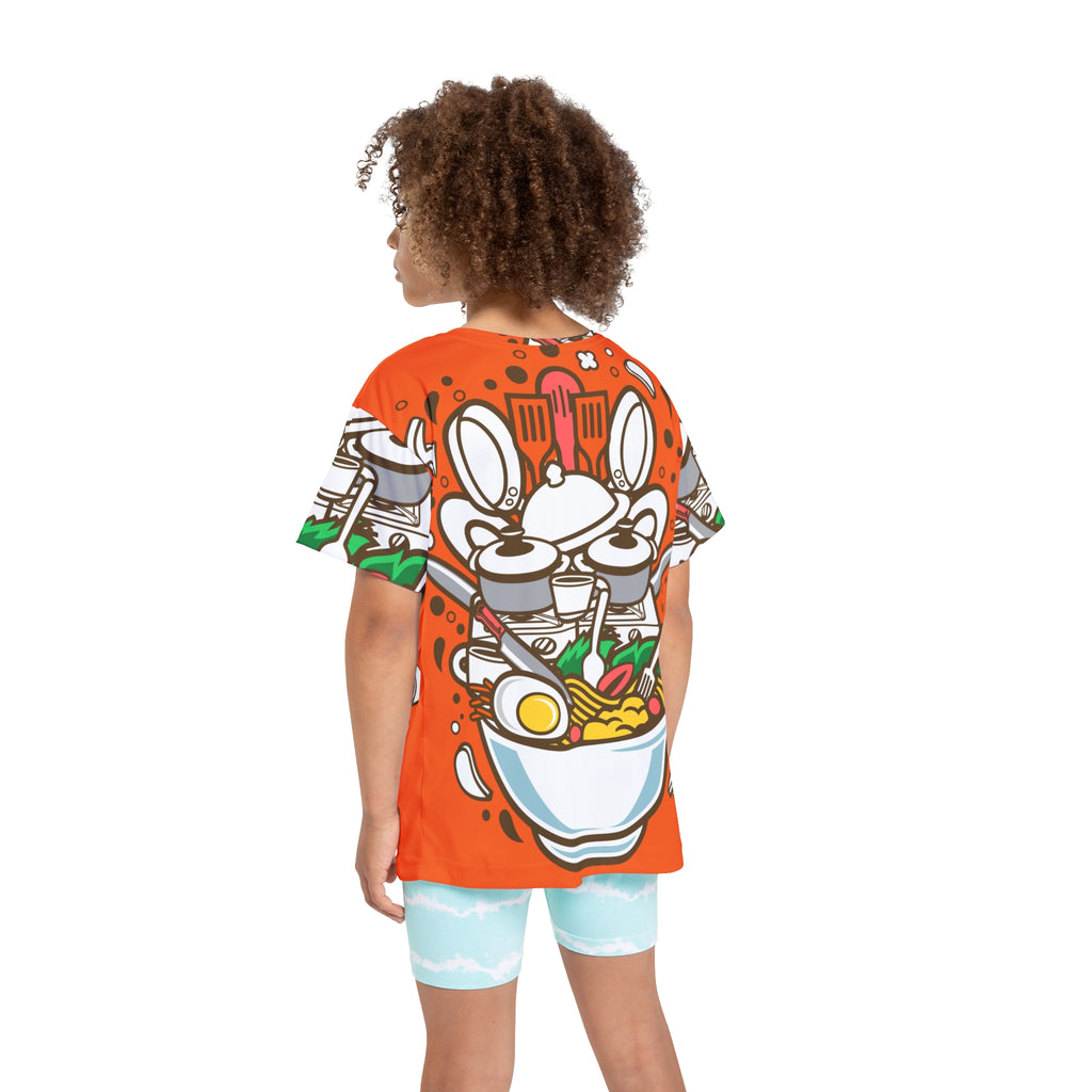 Kids Ramen Bowl Graphic Jersey — Bright Orange All-Over-Print Tee