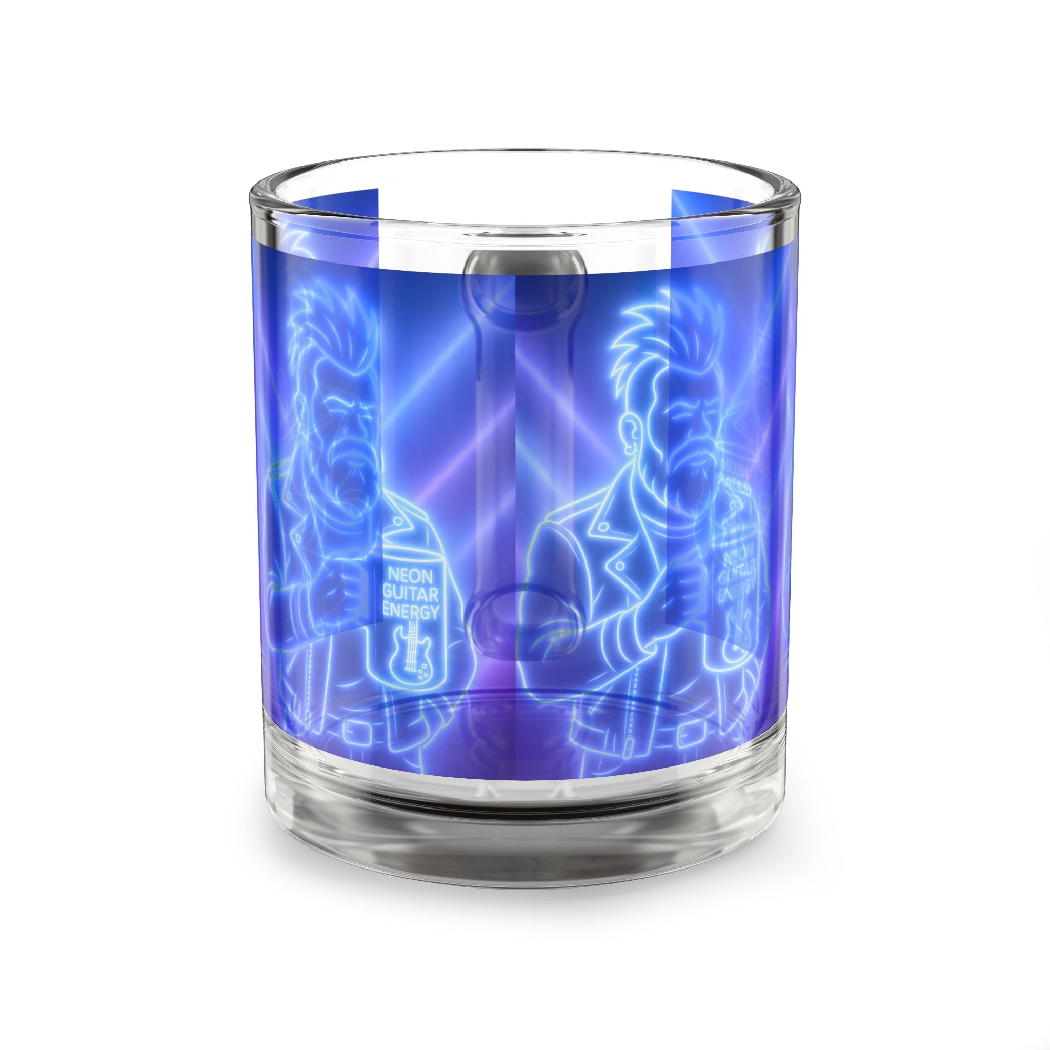 Neon Guitar Demon 10oz Glass Mug — Blue Retro Rock Coffee Cup