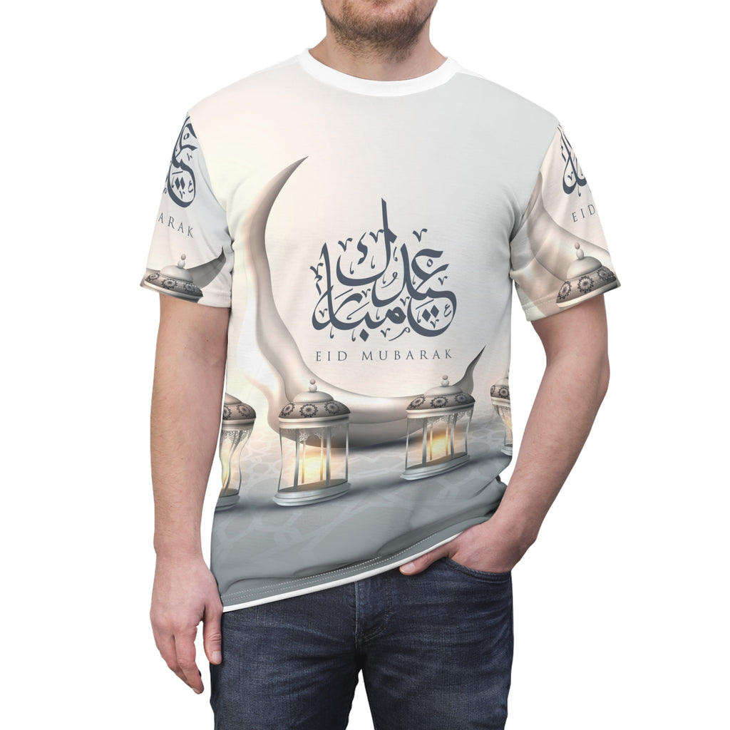 Eid Mubarak Crescent Lantern Tee — All-Over Print Ramadan Celebration Shirt