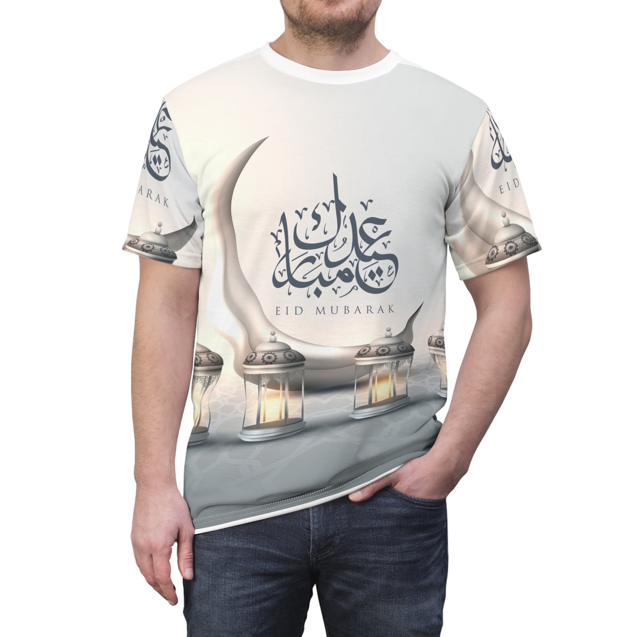 Eid Mubarak Crescent Lantern Tee — All-Over Print Ramadan Celebration Shirt
