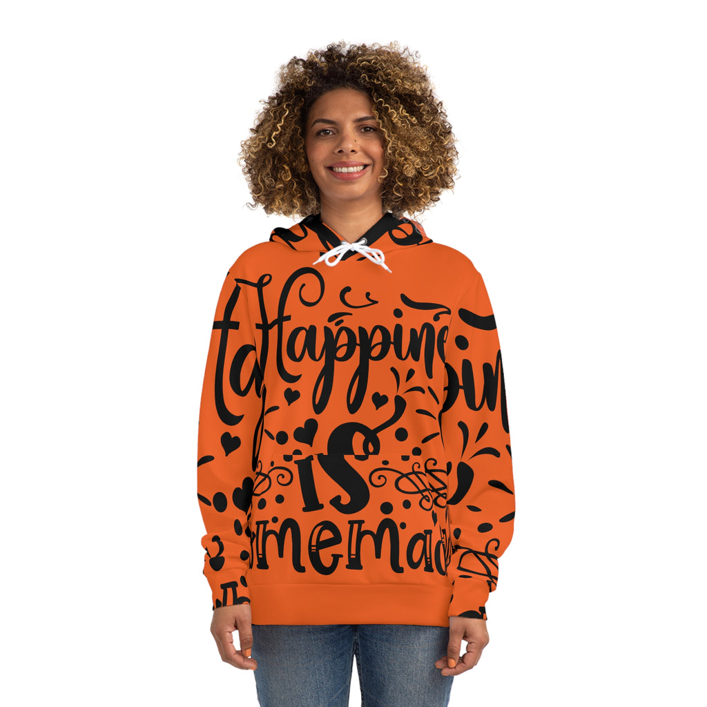 Hoodie - "Happiness is Homemade" Orange All-Over-Print Cozy Pullover