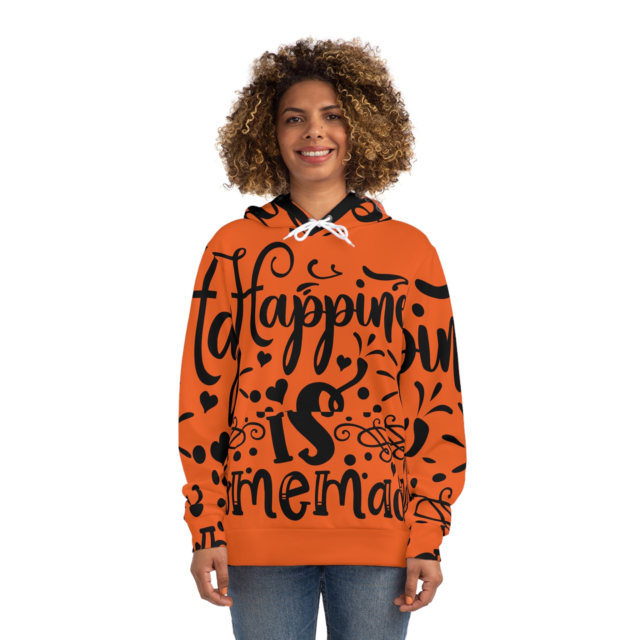 Hoodie - "Happiness is Homemade" Orange All-Over-Print Cozy Pullover