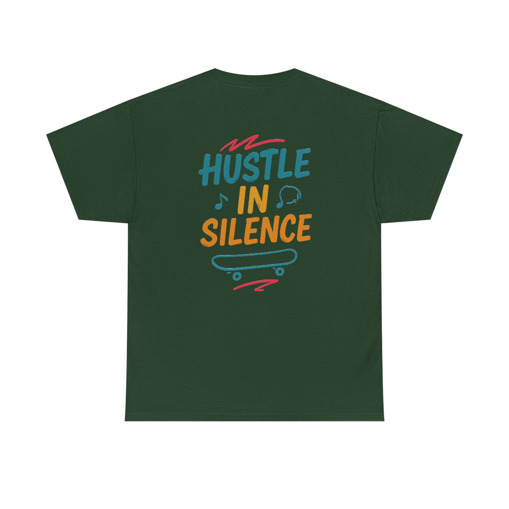 Hustle in Silence Tee - Unisex Heavy Cotton T-Shirt, Skateboarder Gift, Cool Casual Wear, Fitness Shirt, Motivational Apparel