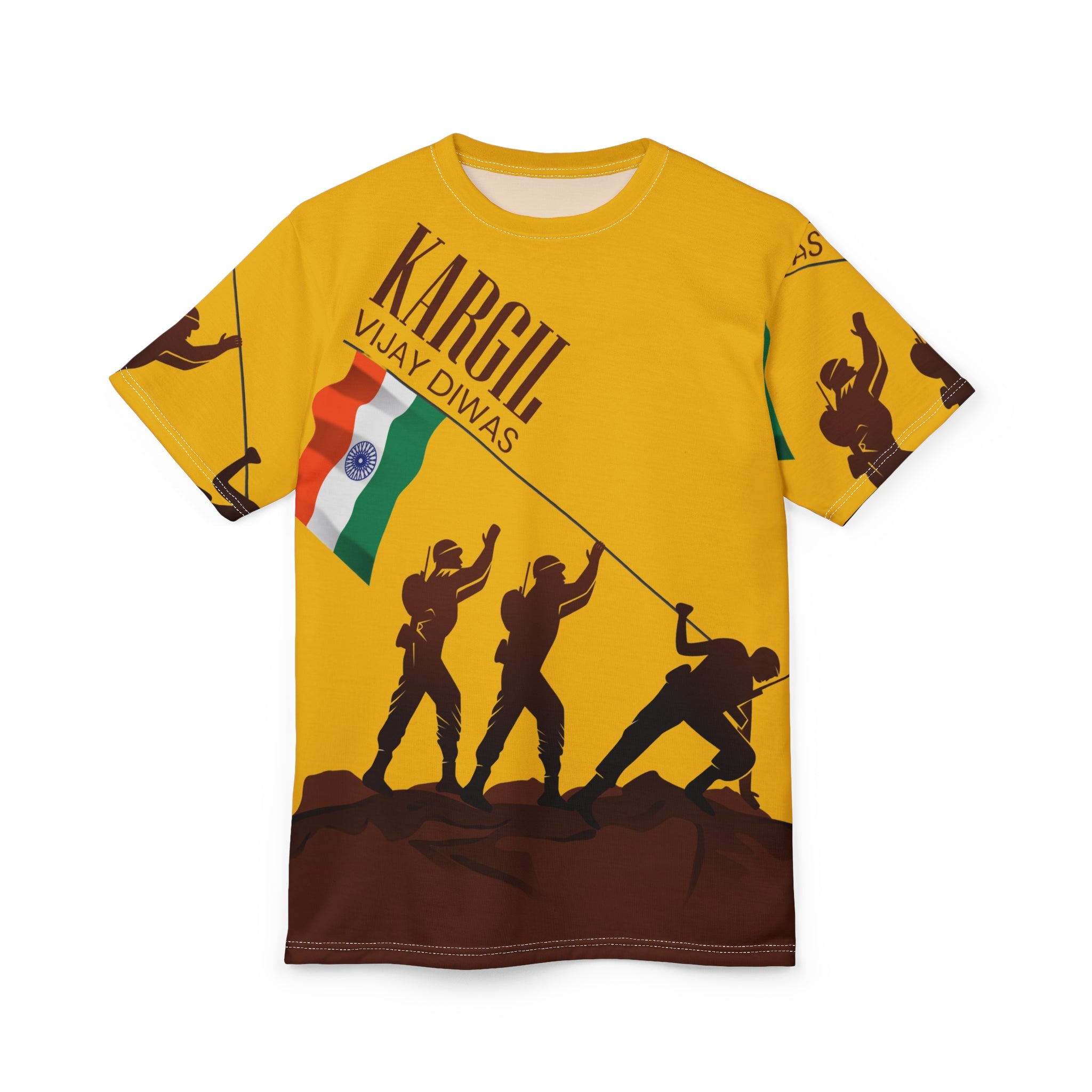 Kargil Vijay Diwas Tribute Tee — Indian Flag Soldiers All-Over Print