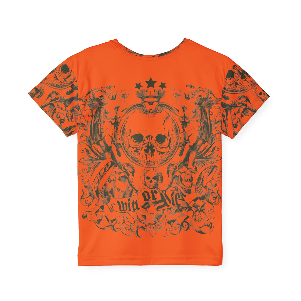 Kids Jersey — Orange “Win or Die” Skull Sports Tee