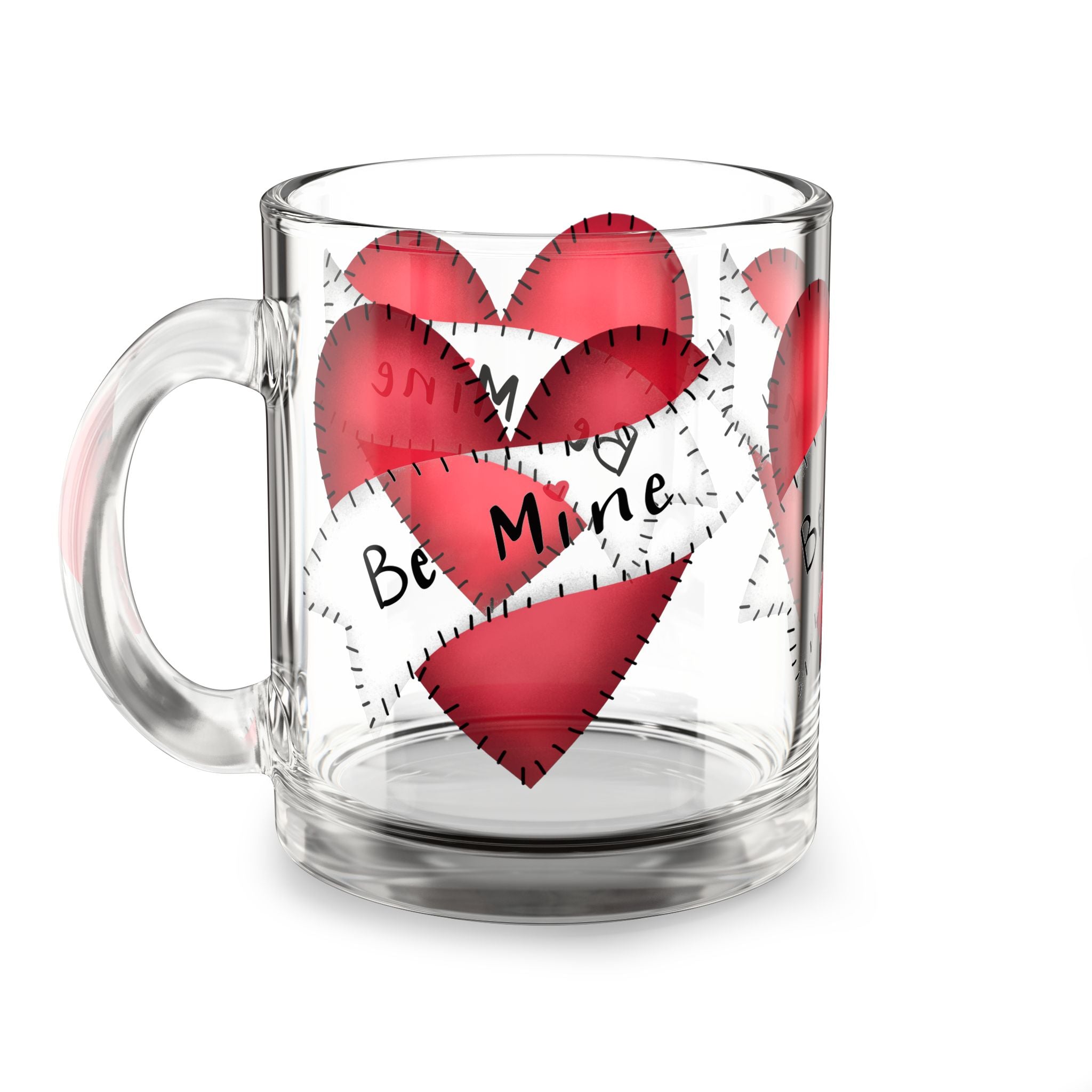 Glass Mug — 'Be Mine' Red Patchwork Hearts Valentine Coffee Mug (10oz)