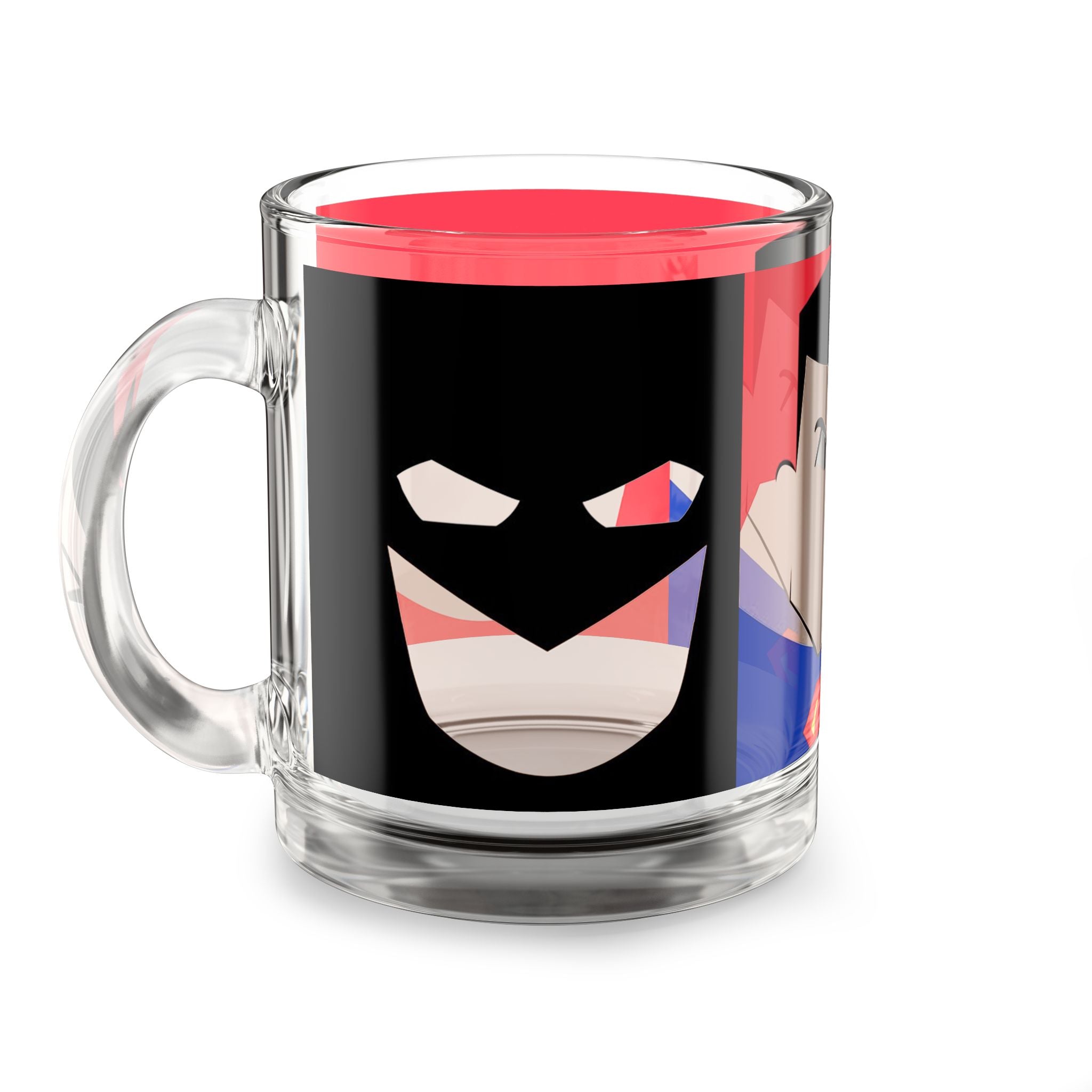 Superhero Glass Mug — Stylized Batman & Superman 10oz Coffee Cup