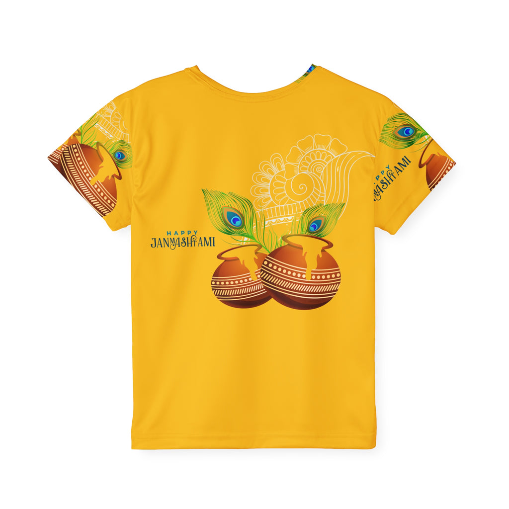 Kids Sports Jersey — Happy Janmashtami All-Over Print Yellow Tee with Dholak & Peacock Feather Design