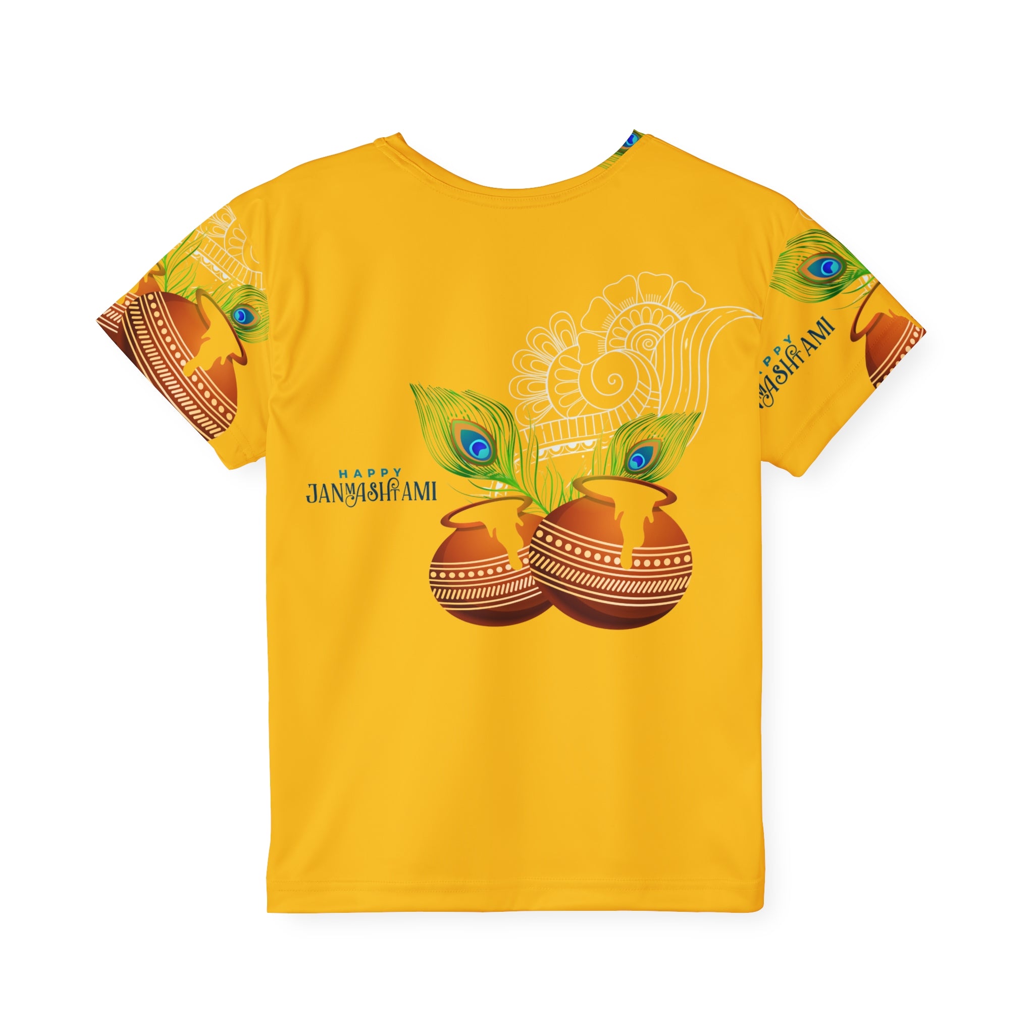 Kids Sports Jersey — Happy Janmashtami All-Over Print Yellow Tee with Dholak & Peacock Feather Design
