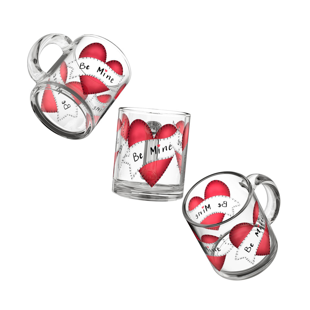Glass Mug — 'Be Mine' Red Patchwork Hearts Valentine Coffee Mug (10oz)