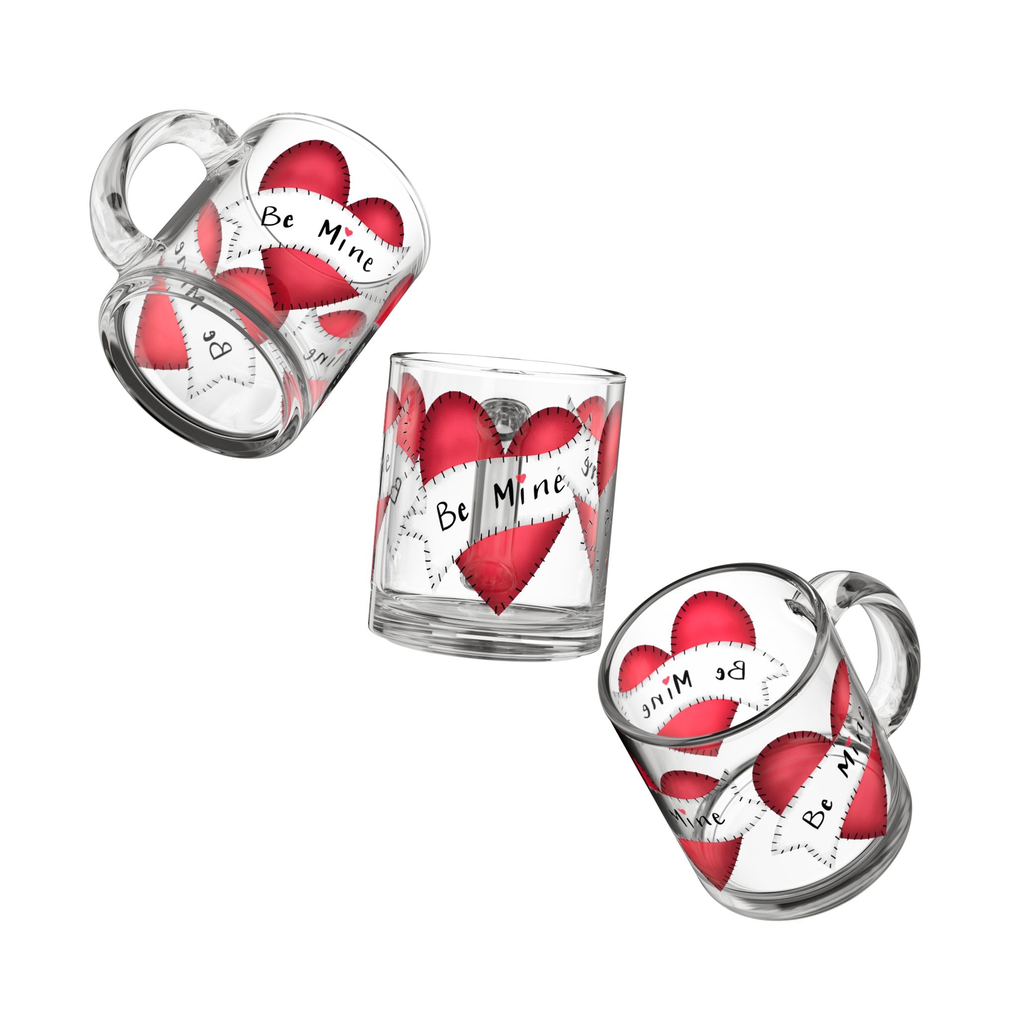 Glass Mug — 'Be Mine' Red Patchwork Hearts Valentine Coffee Mug (10oz)