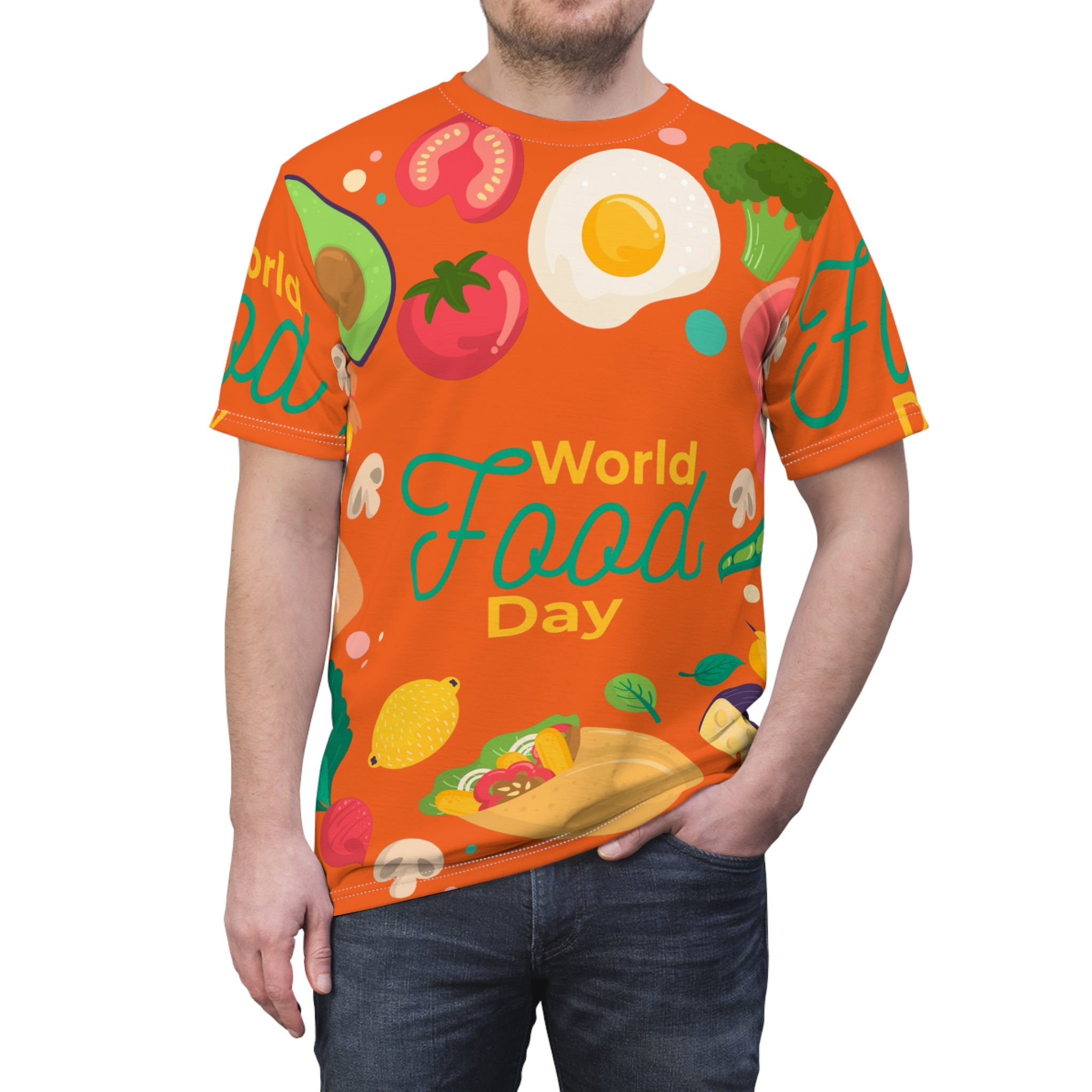 World Food Day All-Over Print Tee — Colorful Food Festival Graphic Shirt