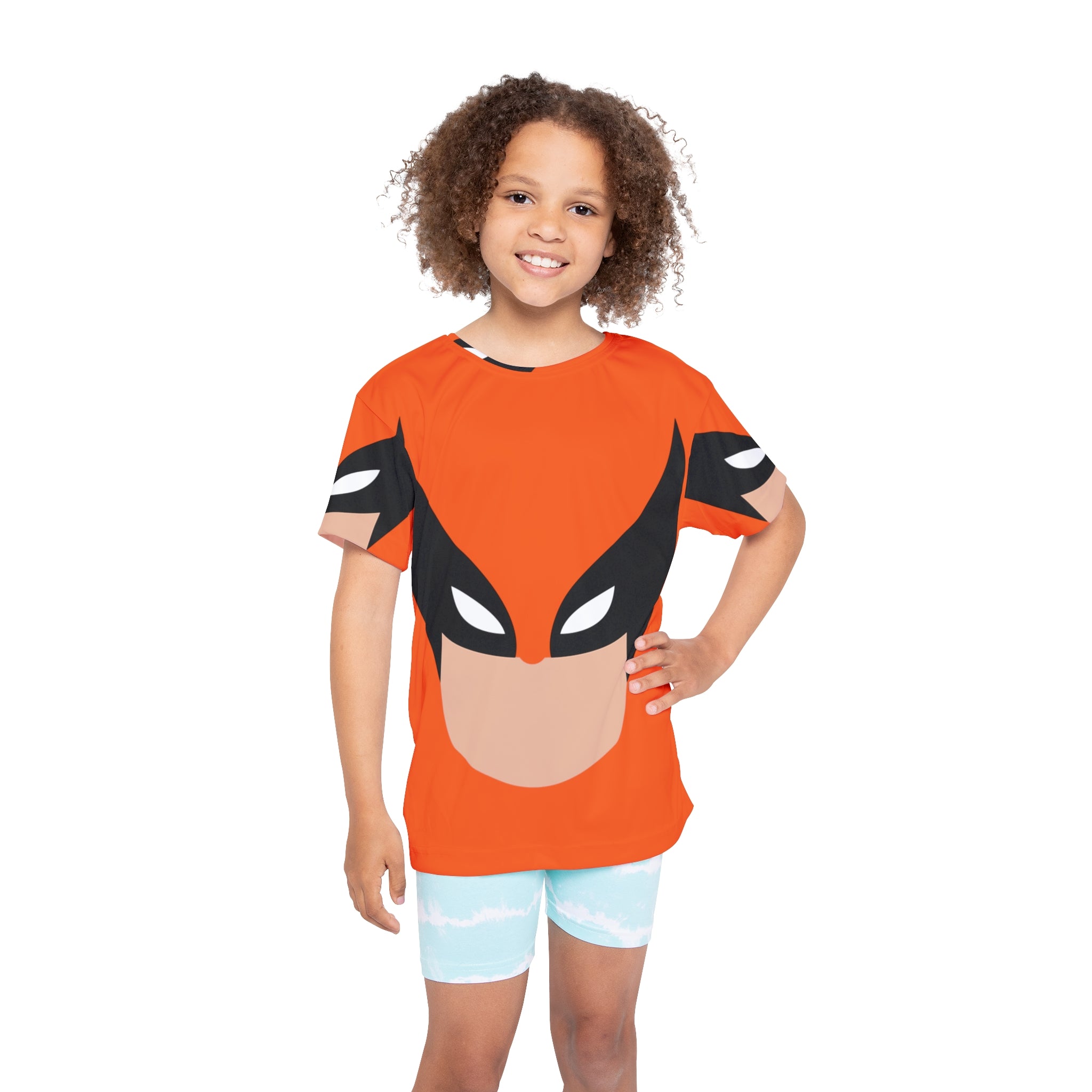 Kids Superhero Face Print Sports Jersey — Orange All-Over-Print Athletic Tee